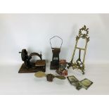 A VINTAGE "WILLCOX & GIBBS" SEWING MACHINE CAST MONEY BANK, ELABORATE BRASS, EASEL,