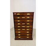 A MAHOGANY NINE DRAWER FILING / COLLECTORS CHEST WITH BRASS CUP HANDLES, W 70CM, D 49CM, H 110CM.