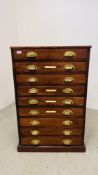 A MAHOGANY NINE DRAWER FILING / COLLECTORS CHEST WITH BRASS CUP HANDLES, W 70CM, D 49CM, H 110CM.