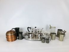 4 PIECES SILVER, PLATED TRAY, TEAPOT, MILK JUG AND SUGAR BOWL MARKED "GERRARD & CO.