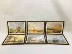 A COLLECTION OF 6 FRAMED AND MOUNTED SEA SCAPE PRINTS, H 28CM X W 39CM.