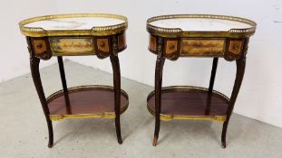 A PAIR OF C20th ITALIAN BEDSIDE TABLES WITH MARBLE TOPS AND GILT METAL MOUNTS,