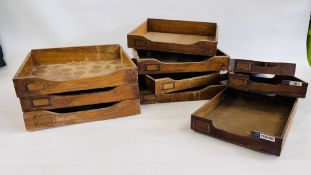 2 X BOXES CONTAINING 10 X VINTAGE OAK FILING TRAYS.