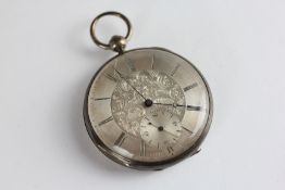 AN ANTIQUE SILVER CASED POCKET WATCH WITH VARIOUS KEYS.