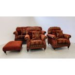 A GOOD QUALITY THREE PIECE LOUNGE SUITE WITH MATCHING FOOT STOOL AND SCATTER CUSHIONS.