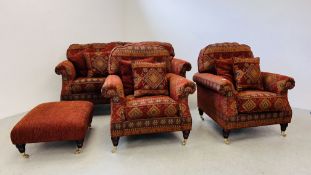 A GOOD QUALITY THREE PIECE LOUNGE SUITE WITH MATCHING FOOT STOOL AND SCATTER CUSHIONS.