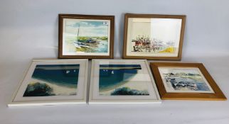 A GROUP OF THREE PETER KNIGHTS NORFOLK COASTAL SCENE PRINTS AND TWO PARADISE FRAMED PRINTS.