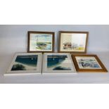 A GROUP OF THREE PETER KNIGHTS NORFOLK COASTAL SCENE PRINTS AND TWO PARADISE FRAMED PRINTS.