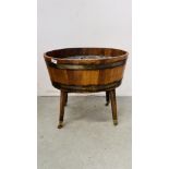 MAHOGANY BRASS BOUND OVAL WINE COOLER WITH LINER W 55.5CM X D 41CM X H 52CM.