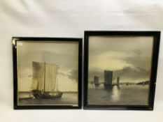 TWO ORIENTAL SILK PICTURES OF FISHING BOATS AT SEA IN BLACK LACQUERED FRAMES - LARGEST 59CM X 67CM.