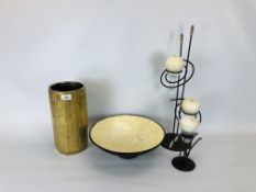 TWO DESIGNER METAL CRAFT CANDLE HOLDERS, LARGE GOLD FINISH VASE AND A FRUIT BOWL.
