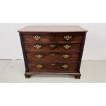 A GEORGE III MAHOGANY FIVE DRAWER CHEST WITH CANTED CORNERS AND LATER HANDLES, W 94CM, D 50CM,