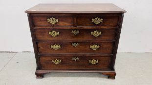 A GEORGE III MAHOGANY FIVE DRAWER CHEST WITH CANTED CORNERS AND LATER HANDLES, W 94CM, D 50CM,