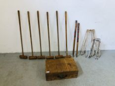 A GROUP OF VINTAGE CROQUET ACCESSORIES TO INCLUDE MALLETS,