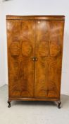 A VINTAGE AW-LYN BURR WALNUT FINISH DOUBLE WARDROBE WITH INTERIOR FITTINGS W 118CM. D 49CM. H 200CM.