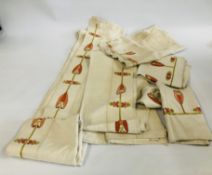 A PAIR OF ORIGINAL EMBROIDERED ARTS AND CRAFTS CURTAINS AND THREE MATCHING PELMETS.