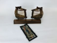 SMALL HARDWOOD CHINESE BIRD CAGE, SMALL REVERSE PAINTED CHINESE GLASS PANEL W 11CM. H 25CM.