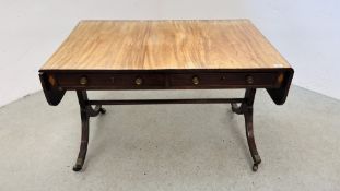 ANTIQUE MAHOGANY TWO DRAWER DROP FLAP SOFA TABLE - W 115CM. D 71CM (EXTENDED 163CM).