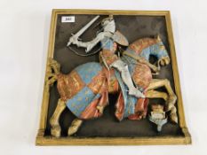 A MARCUS REPLICA PLASTER PLAQUE DEPICTING A KNIGHT ON HORSE BACK, W 36CM, H 38.5CM.