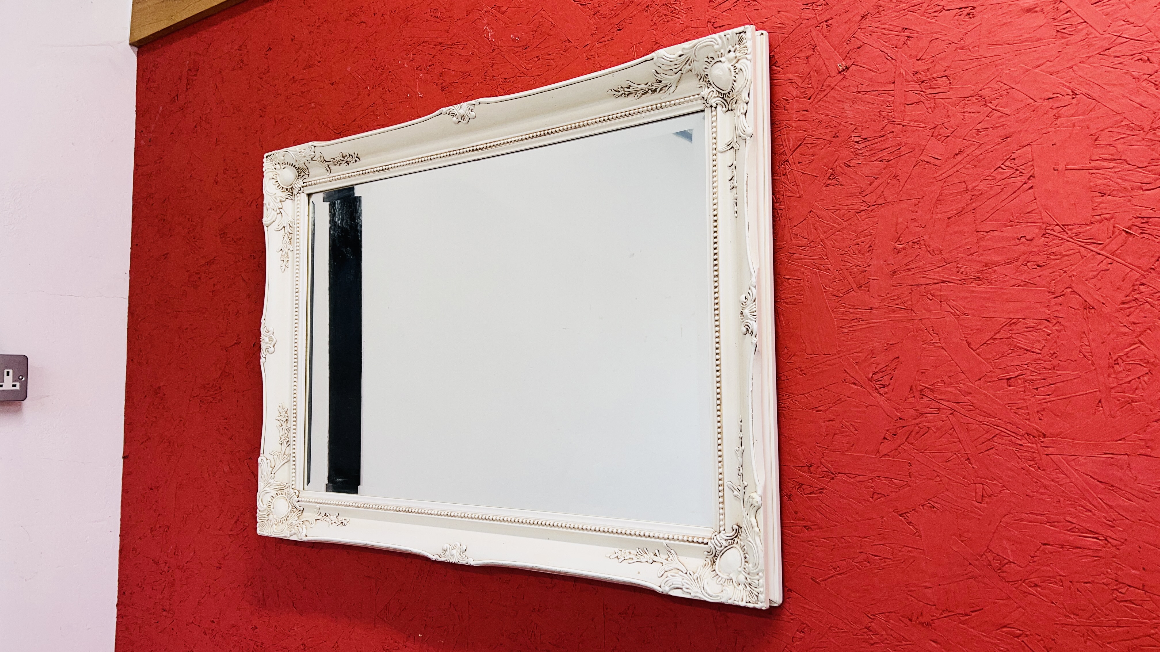 A PAINTED SHABBY CHIC BEVEL EDGED WALL MIRROR ALONG WITH TWO MODERN CANVAS PICTURES.