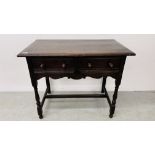 A VINTAGE STYLE OAK TWO DRAWER OCCASIONAL TABLE, W 92CM, D 55CM, H 78CM.