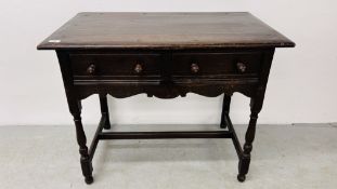 A VINTAGE STYLE OAK TWO DRAWER OCCASIONAL TABLE, W 92CM, D 55CM, H 78CM.