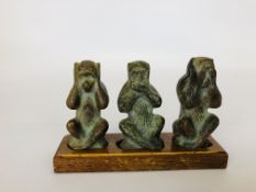 SET OF THREE SOLID BRONZE MONKEYS ON HARDWOOD STAND "HEAR NO EVIL, SPEAK NO EVIL,