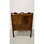 A GEORGE III MAHOGANY TRAY TOP COMMODE, BASE CONVERTED, W 59CM X D 46CM X H 77CM.