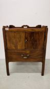 A GEORGE III MAHOGANY TRAY TOP COMMODE, BASE CONVERTED, W 59CM X D 46CM X H 77CM.