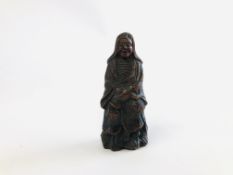 CARVED WOODEN NETSUKE STUDY OF ELDER WITH TOAD SIGNED.