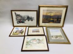 A GROUP OF SEVEN PICTURES AND PRINTS TO INCLUDE WATERCOLOUR "SUNSET MOURING" BEARING SIGNATURE ERIC