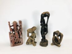 A GROUP OF 4 HAND CARVED FIGURES INCLUDING CONTEMPORARY DESIGN AND ORIENTAL FISHING MAN.