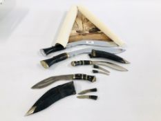 A GROUP OF FOUR VINTAGE KUKURI KNIVES, TWO IN SHEATHS ALONG WITH ORIENTAL OIL OF SHIPS SIGNED C.