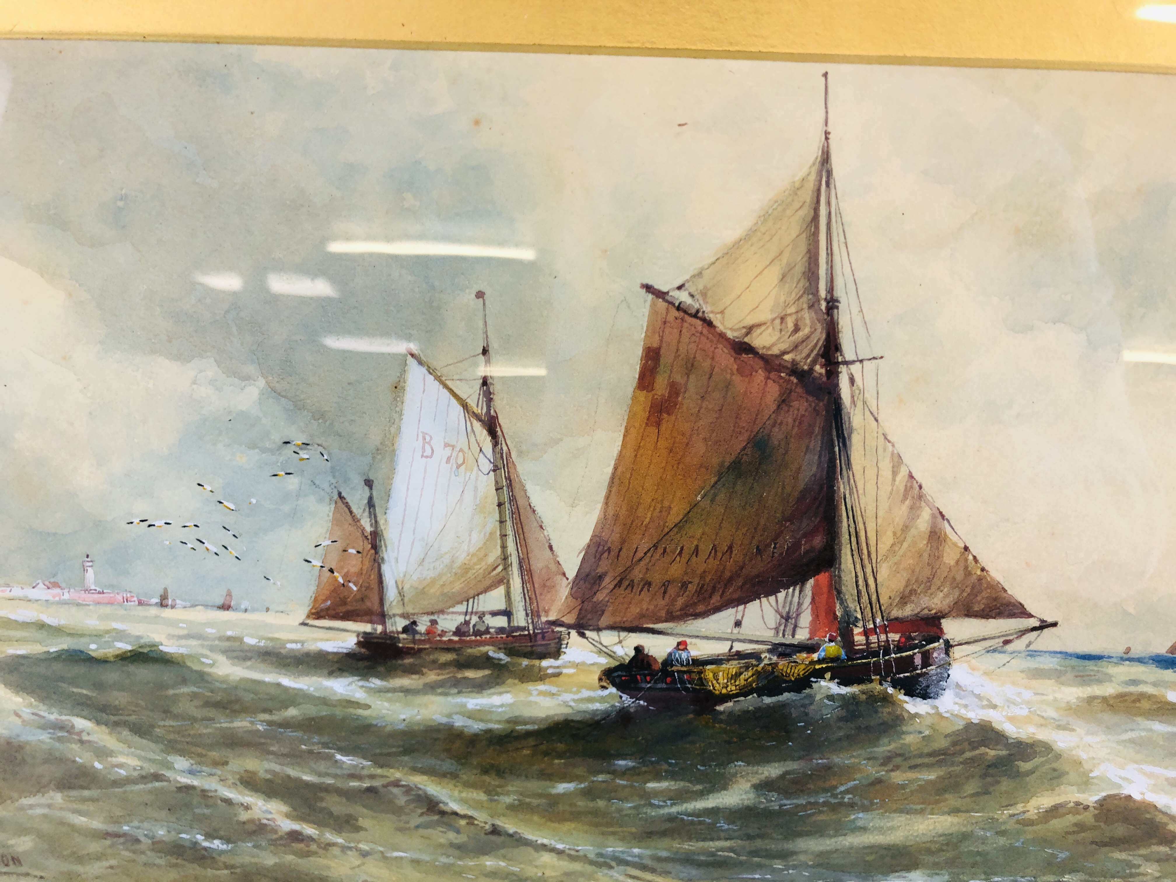 A CHAS. F. ALLBON FRAMED WATERCOLOUR DEPICTING SAILING BOATS OUT TO SEA. - Image 3 of 6