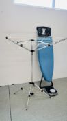 A MINKY IRONING BOARD AND COVER ALONG WITH A FOLDING CLOTHES LINE/AIRER,