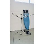 A MINKY IRONING BOARD AND COVER ALONG WITH A FOLDING CLOTHES LINE/AIRER,