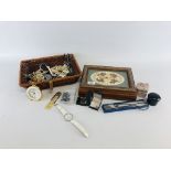 A BASKET OF ASSORTED COSTUME JEWELLERY AND WATCHES ALONG WITH A WOODEN BOX INSET WITH DRIED FLOWER