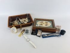 A BASKET OF ASSORTED COSTUME JEWELLERY AND WATCHES ALONG WITH A WOODEN BOX INSET WITH DRIED FLOWER