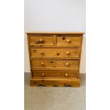 A GOOD QUALITY WAXED PINE TWO OVER THREE DRAWER CHEST, W 94CM, D 45CM, H 103CM.