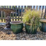 A PAIR OF GREEN GLAZED PLANT POTS, H 30CM X D 40CM.