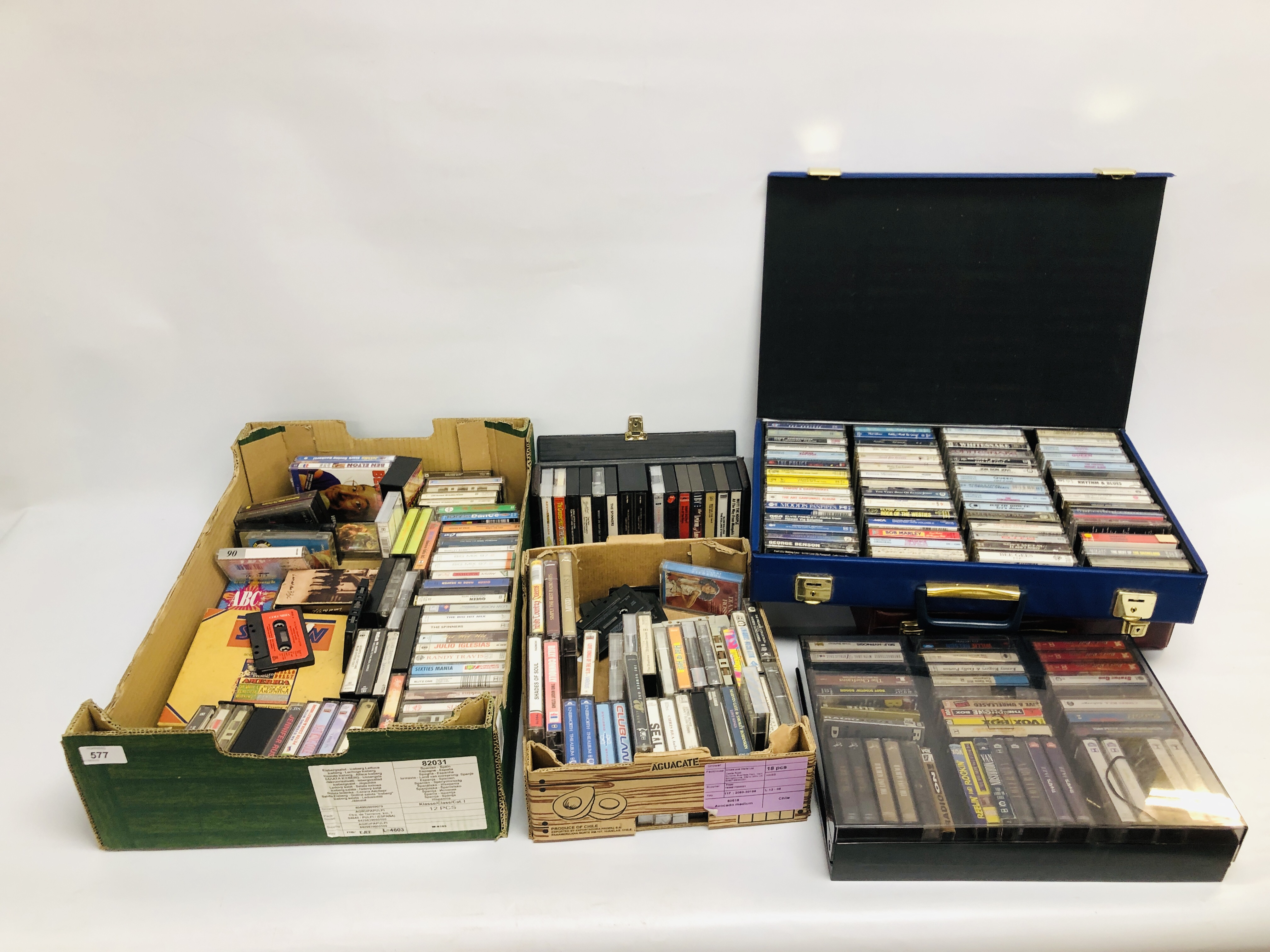 BOXES OF MIXED CASSETTE TAPES HAVING MANY MIXED GENRE'S AND TITLES.