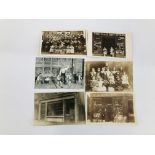 A GROUP OF POSTCARDS (6) TO INCLUDE 3 SHOP FRONTS, CLIPPING SECTION, SCHOOL AND CHILDREN BOXING.