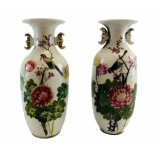 TWO ANTIQUE ORIENTAL VASES DECORATED WITH BIRDS AND BLOSSOM, BEARING MAKERS MARK AND SEAL TO BASE,