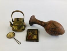 A HAND PAINTED ICON, BRASS JAPANESE TEAPOT, PERSIAN MIRROR, UNUSUAL TERRACOTTA VASE.