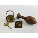 A HAND PAINTED ICON, BRASS JAPANESE TEAPOT, PERSIAN MIRROR, UNUSUAL TERRACOTTA VASE.