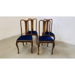 A SET OF FOUR OAK FRAMED HIGH BACK DINING CHAIRS WITH BLUE VELVET SEATS.