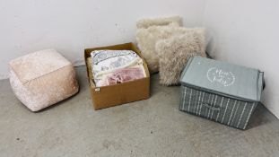 A MODERN FAUX VELVET POUFFE, 4 "TJC" FAUX FUR CUSHIONS, NEAT & TIDY FOLDABLE STORAGE BOX,