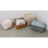 A MODERN FAUX VELVET POUFFE, 4 "TJC" FAUX FUR CUSHIONS, NEAT & TIDY FOLDABLE STORAGE BOX,