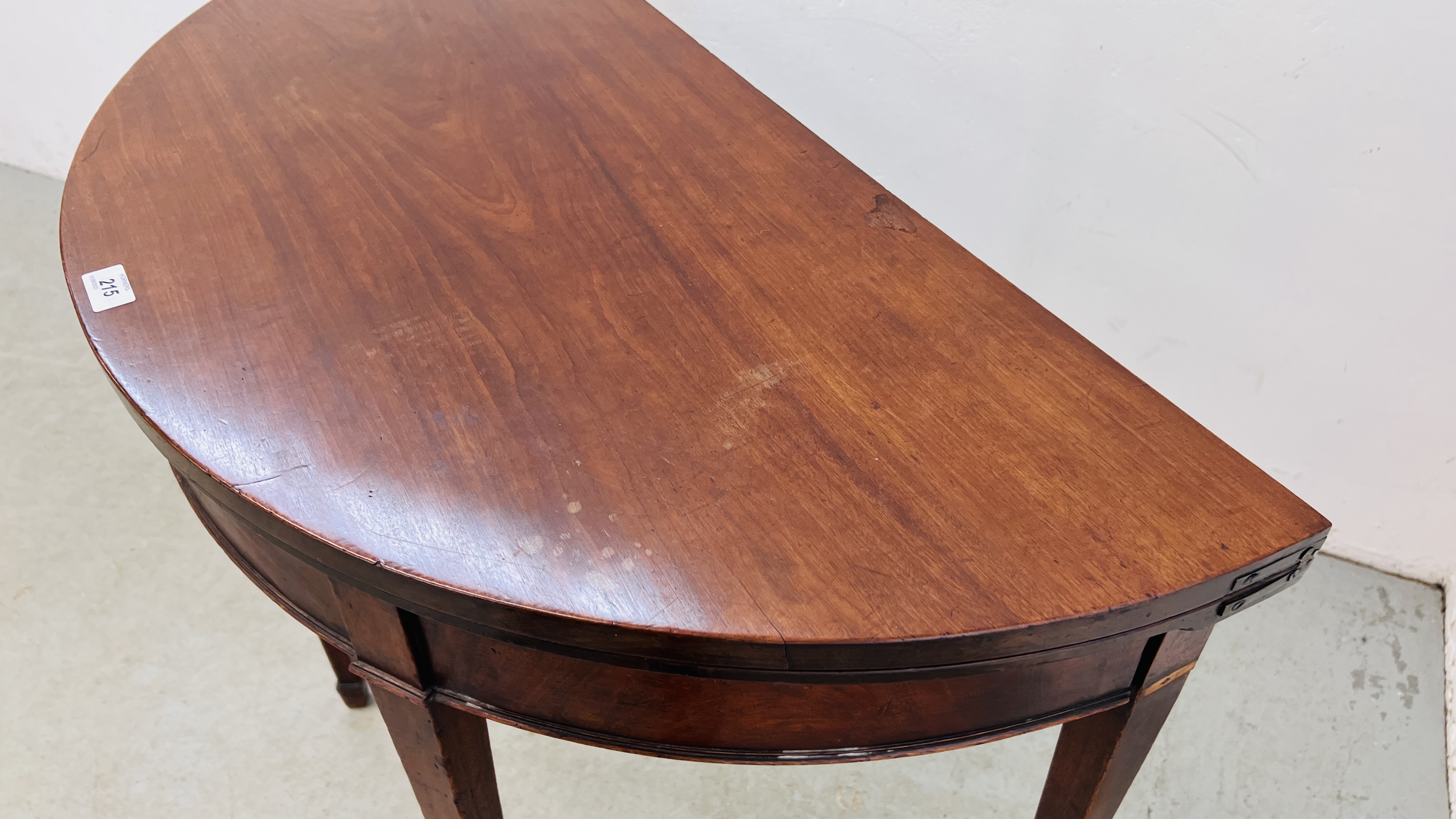 A MAHOGANY DEMI LUNE FOLDING TOP SIDE TABLE WITH GATELEG ACTION, ON SQUARE TAPERED LEG - WIDTH 92CM. - Image 9 of 11