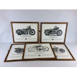 A SET OF FIVE FRAMED BLACK AND WHITE HARLEY DAVIDSON PRINTS, W 50CM X H 40CM.